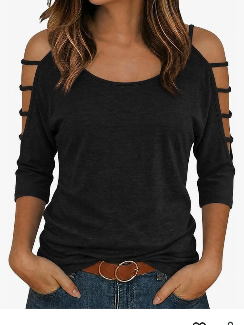 Black Cold-Shoulder Strappy Sleeve Top Large